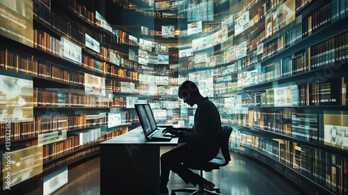 Digital library exploration concept with a person working on a laptop surrounded virtual bookshelves
