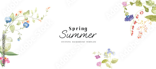 Abstract spring floral art background vector illustration. Watercolor hand painted botanical flower, leaves, eucalyptus, wildflower. Design for wallpaper, banner, card, print, wedding.