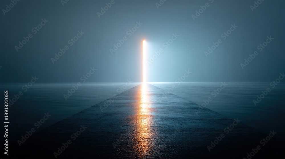 Fototapeta premium A glowing doorway illuminates a dark, reflective space, creating a sense of mystery and beckoning exploration.