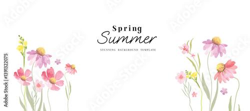 Abstract spring floral art background vector illustration. Watercolor hand painted botanical flower, leaves, eucalyptus, wildflower. Design for wallpaper, banner, card, print, wedding.
