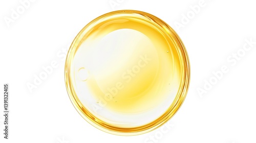 A circular droplet of yellow oily liquid is prominently presented, isolated on a clean white background, a remarkable creation of generative AI. The distinct circular shape and the bright yellow 