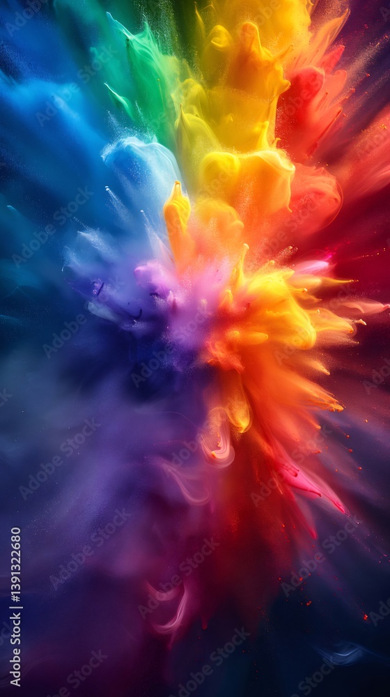Vibrant Rainbow Explosion Of Colorful Powder With Dynamic Light Burst Against Dark Backdrop Vibrant Rainbow Explosion Of Colorful Powder With Dynamic Light Burst Against Dark Backdrop