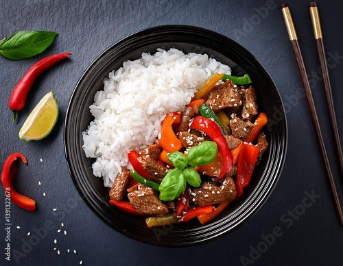 Delicious beef stir fry rice bowl with peppers sesame seeds and basil asian cuisine gourmet food studio shot