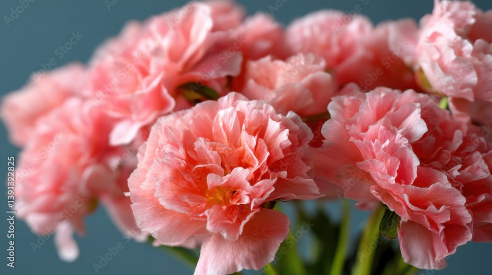 Delicate pink carnations in soft focus against a muted blue background capturing the essence of floral beauty and tranquility in a serene still life Delicate pink carnations in soft focus against a muted blue background capturing the essence of floral beauty and tranquility in a serene still life