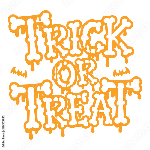 Orange vector illustration of the text "TRICK OR TREAT" formed with stylized bones and dripping elements, accompanied by small bat silhouettes. Represents Halloween, spooky themes, and trick-or-treati