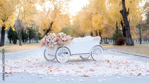 White Carriage Floral Arrangement Romantic Rustic Style High-Resolution Soft Lighting Full Shot Flower Petals Autumnal Display Golden Autumnal Park Warm Pastel Tones Wedding Invitation Design