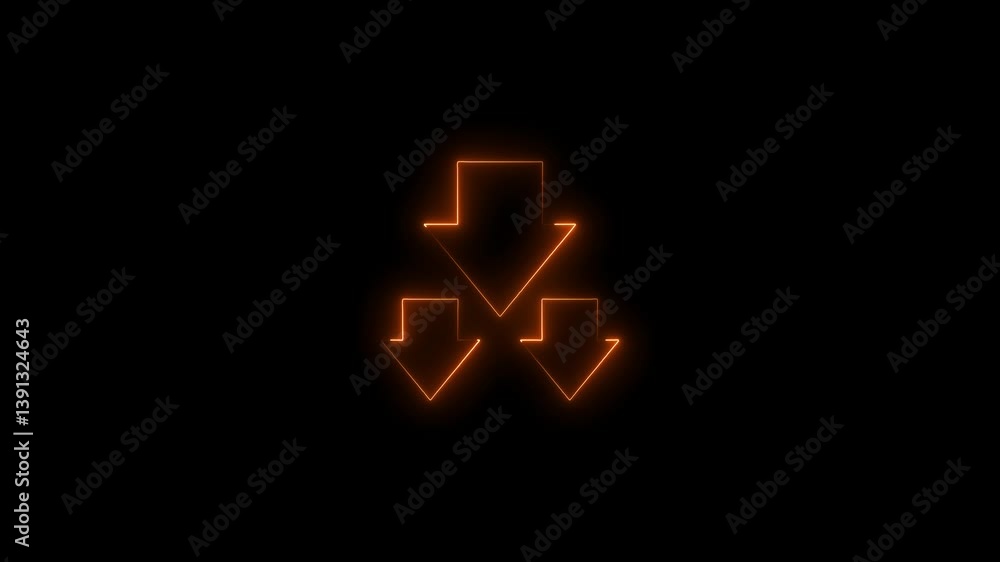 Abstract glowing neon down arrow icon animation on black background. Abstract glowing neon down arrow icon animation on black background.