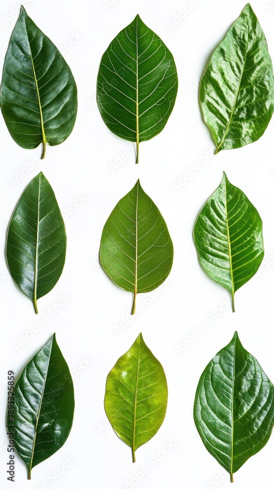 Collection of Fresh Green Leaves Isolated on White Background Showing Natural Veins and Textures in Studio Lighting Collection of Fresh Green Leaves Isolated on White Background Showing Natural Veins and Textures in Studio Lighting