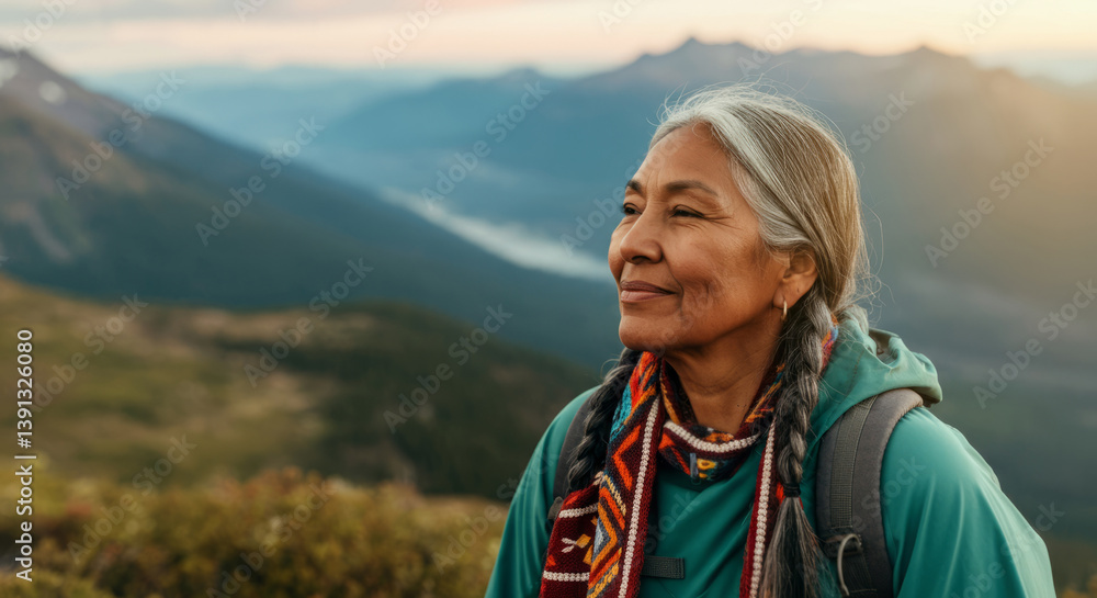 Mature native american woman enjoying mountain hike at sunrise Mature native american woman enjoying mountain hike at sunrise