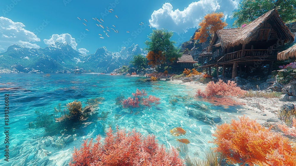 Idyllic tropical beach scene with hut, coral reef, and mountains.
