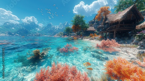 Obraz na płótnie Idyllic tropical beach scene with hut, coral reef, and mountains. w salonie