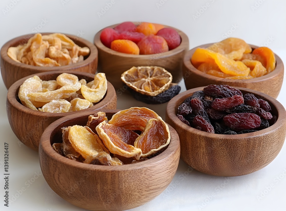 A Delightful Collection of Assorted Dried Fruits in Rustic Wooden Bowls, Perfect for Snacking or Gift Giving. A Delightful Collection of Assorted Dried Fruits in Rustic Wooden Bowls, Perfect for Snacking or Gift Giving.