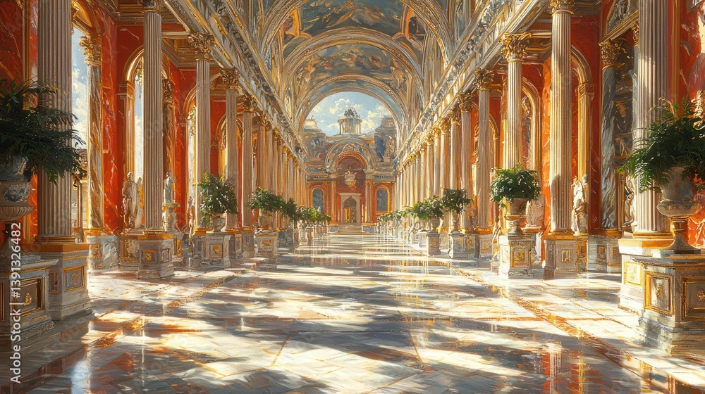 Sunlit grand hall with marble columns, statues, and ornate ceiling.