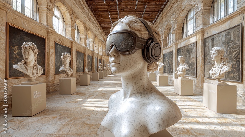 VR headset on classical bust in art gallery.