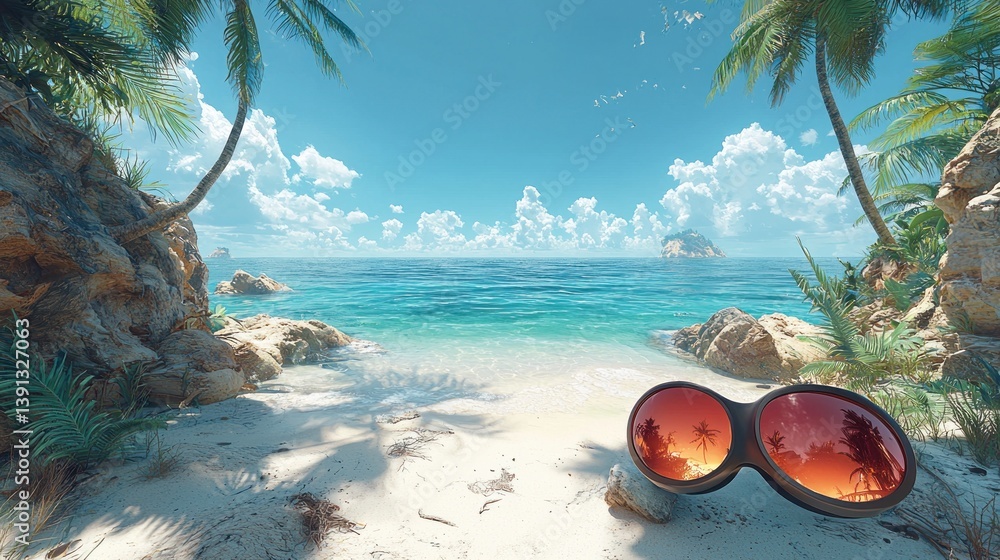 Sunglasses on tropical beach, ocean view.