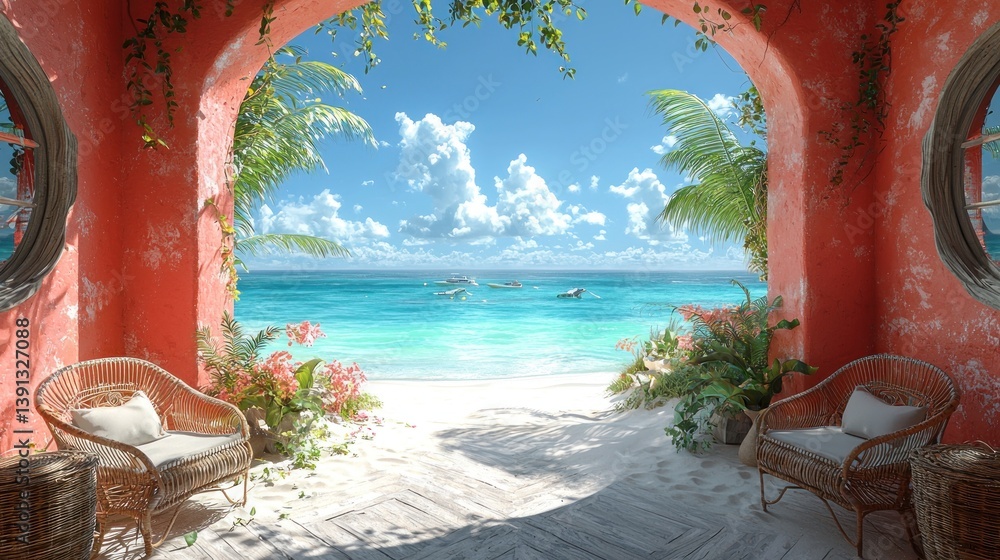 Tropical beach view from arched doorway.