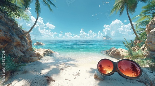 Obraz na płótnie Sunglasses on tropical beach, ocean view. w salonie