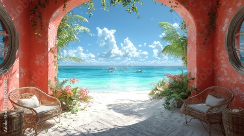 Obraz na płótnie Tropical beach view from arched doorway. w salonie