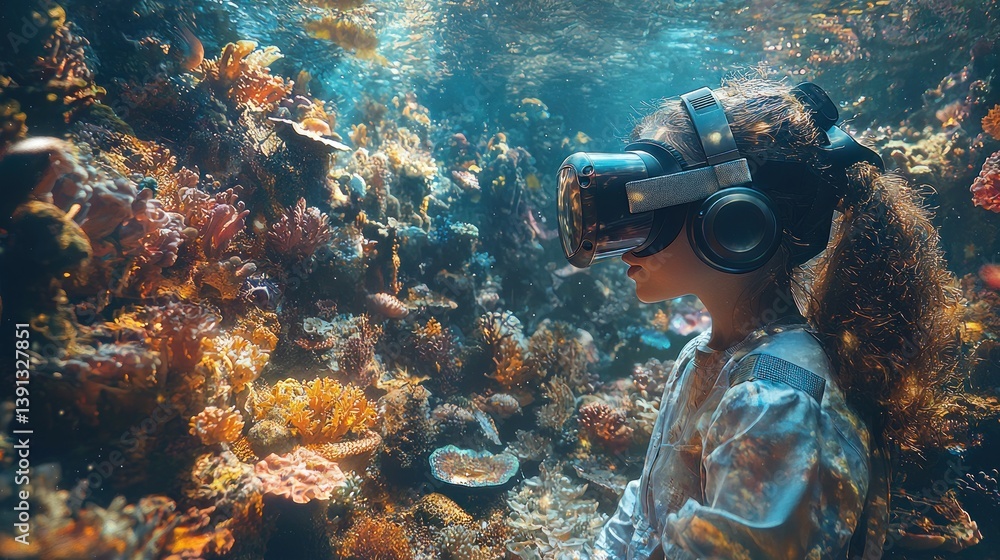 Girl wearing VR headset exploring virtual coral reef.