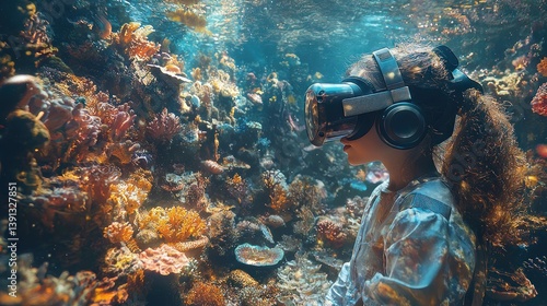Obraz na płótnie Girl wearing VR headset exploring virtual coral reef. w salonie