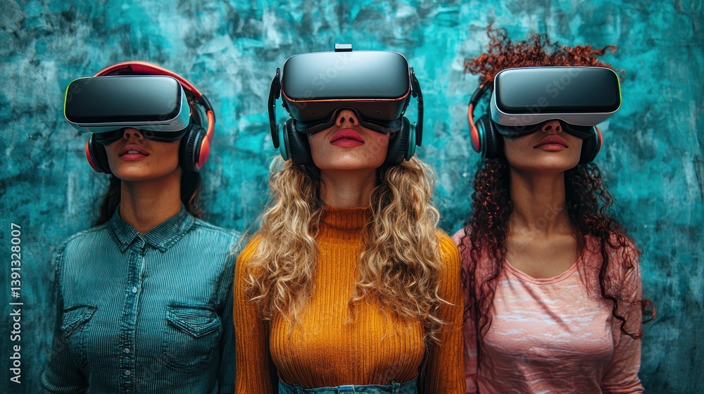 Three diverse women wearing VR headsets and headphones, experiencing virtual reality together.