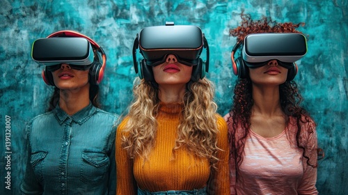 Obraz na płótnie Three diverse women wearing VR headsets and headphones, experiencing virtual reality together. w salonie