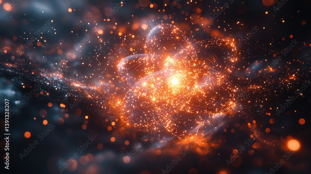 Glowing orange and blue nebula with particles.