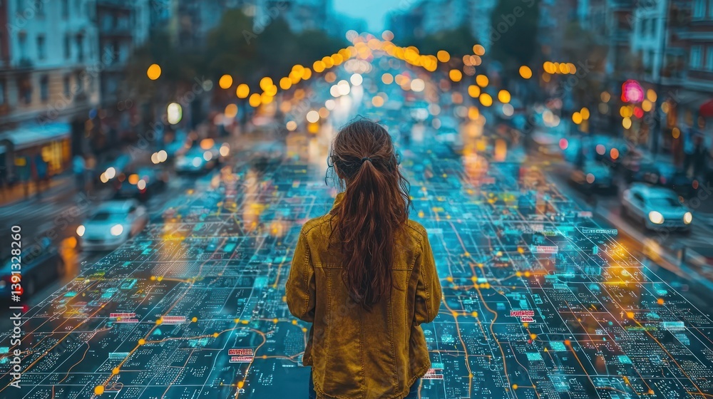 Woman facing urban digital map.