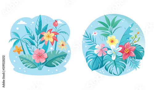 Tropical flower arrangements flat design illustrations