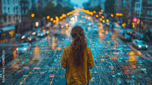Obraz na płótnie Woman facing urban digital map. w salonie