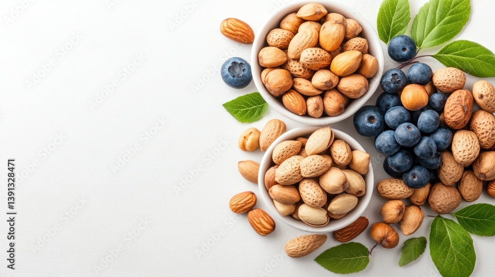 Almonds pistachios and blueberries in bowls with leaves Almonds pistachios and blueberries in bowls with leaves