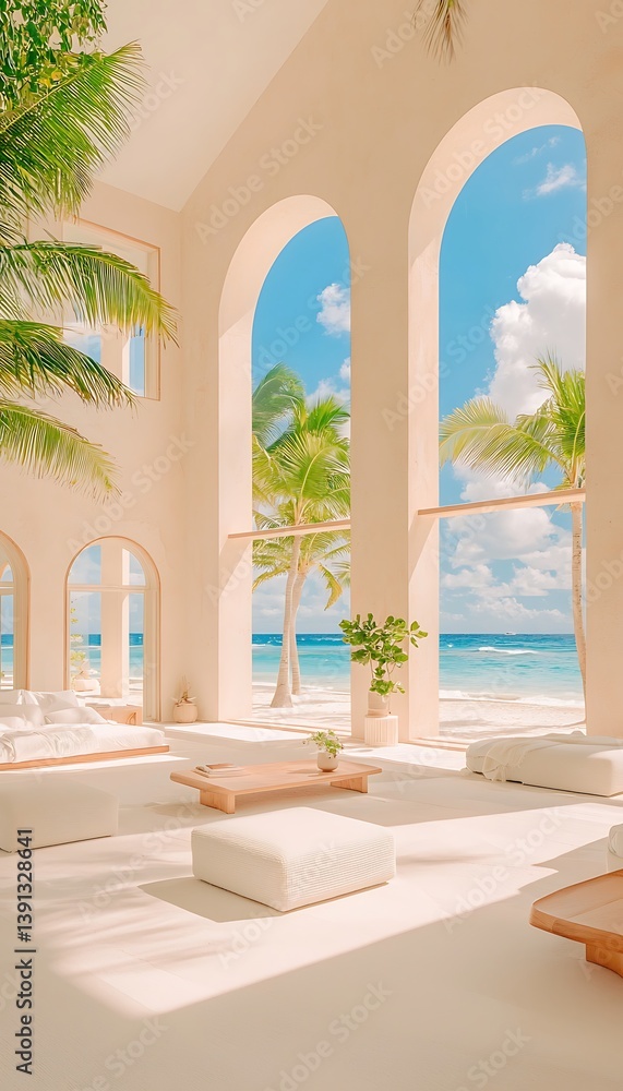 Obraz premium Beachfront Villa Interior with Tropical View.
