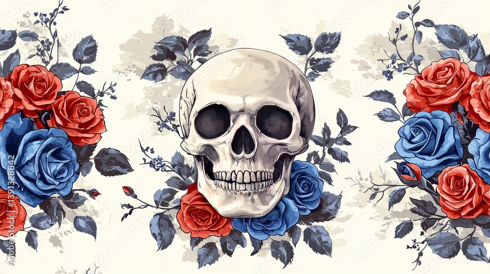 Fototapeta premium Human Skull with Red and Blue Roses: A Dark Romantic Floral Masterpiece