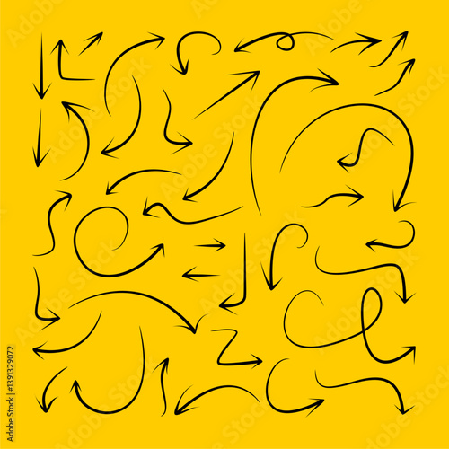 set of curved sketch arrows hand drawn pointing different directions