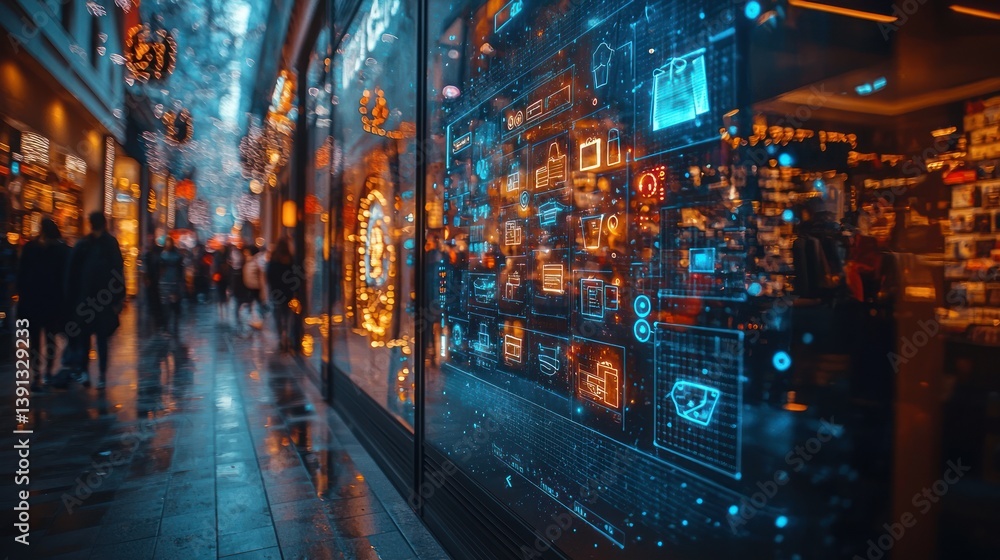 Futuristic retail storefront with digital display showcasing products and information to passersby on a rainy city street.