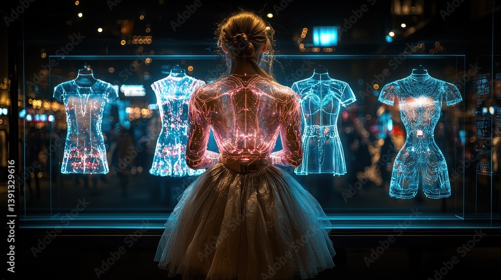 Ballerina facing holographic dresses.