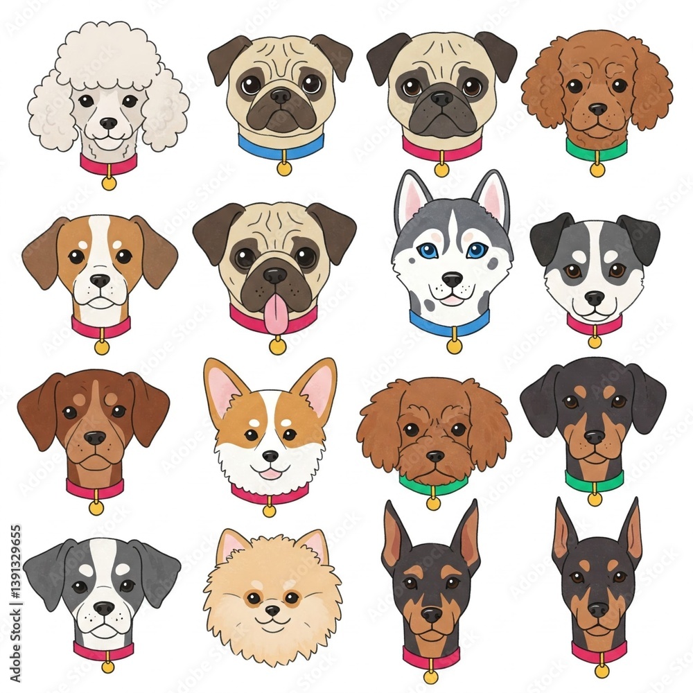 Big Collection of Cartoon Dog Heads in Flat Style Big Collection of Cartoon Dog Heads in Flat Style