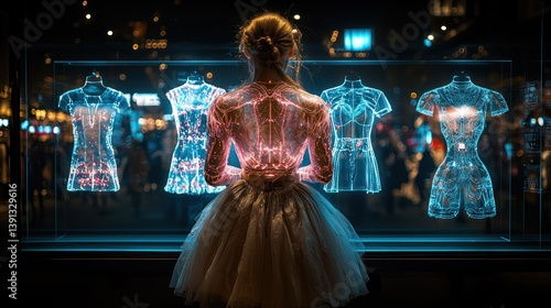 Obraz na płótnie Ballerina facing holographic dresses. w salonie