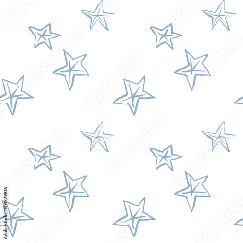 Seamless pattern with hand-drawn blue starfish on white background. Nautical marine repeat design in minimalist line art style. 