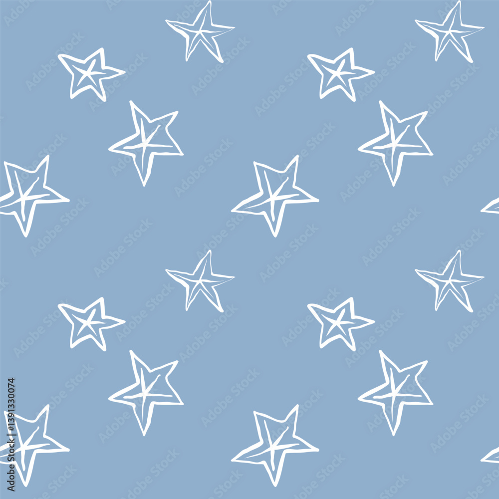 Seamless pattern with hand-drawn starfish on blue background. Nautical marine repeat design in minimalist line art style. Seamless pattern with hand-drawn starfish on blue background. Nautical marine repeat design in minimalist line art style.