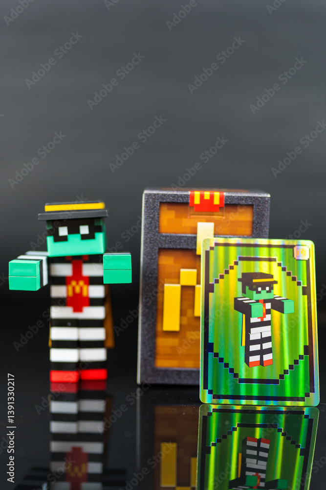 Fototapeta premium Bangkok, Thailand - April 8, 2025 : Toy of Zombie hamburglar form McDonald. Blind box toy from McDonald's collaboration with Minecraft movie.