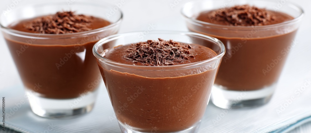 Decadent Chocolate Mousse in Elegant Glassware with Dark Chocolate Shavings on a Light Background Delicious Dessert Presentation Culinary Art