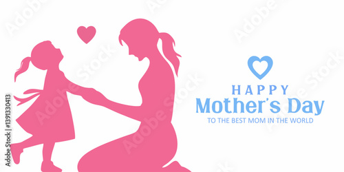 Mothers Day greeting card. Vector banner with mother and daughter silhouette in pink. Flying heart and tender gesture showing love. Symbols of motherhood and affection on white background.