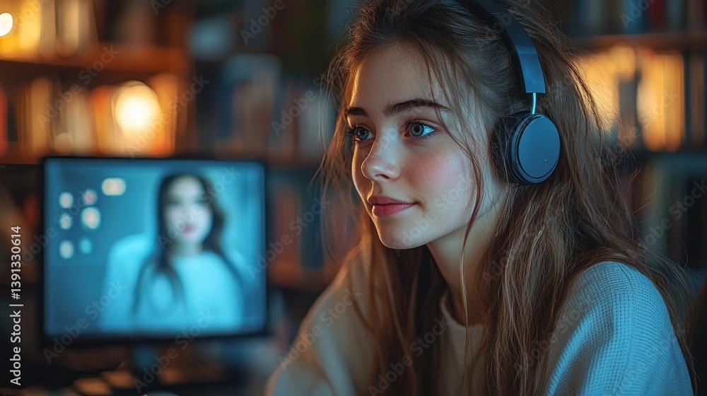 Young woman using headphones in video call.