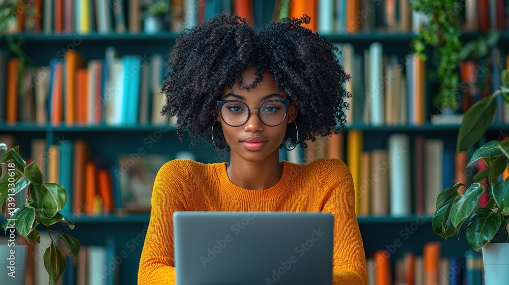 Focused young woman using laptop in library. (1)