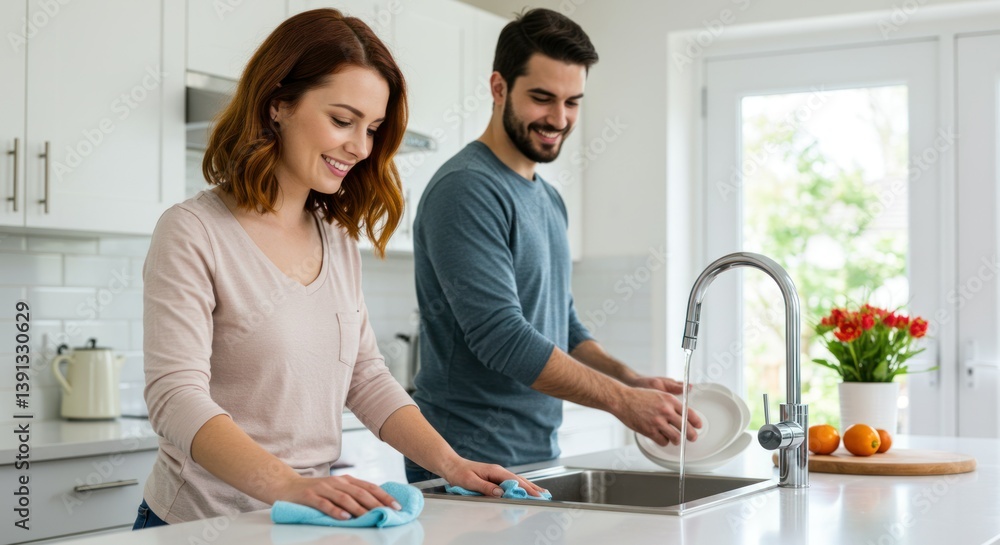 A couple joyfully cleaning in a bright kitchen. A couple joyfully cleaning in a bright kitchen.
