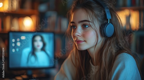 Obraz na płótnie Young woman using headphones in video call. w salonie