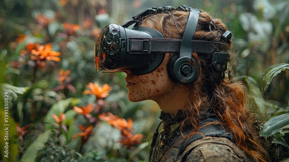 Woman in VR headset exploring virtual jungle.