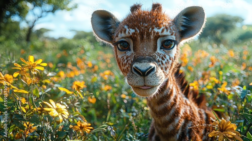 Adorable baby giraffe in yellow flowers.