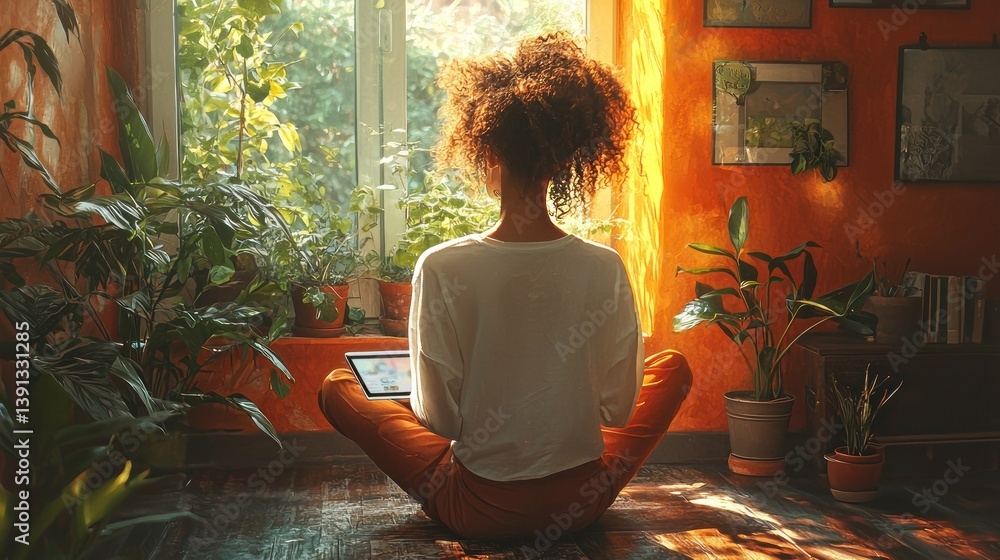 Woman using tablet, sitting on floor in sunlit room with plants.